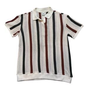 Zara Mens Vertical Striped Open-Knit Johnny collar Polo Size M Textured